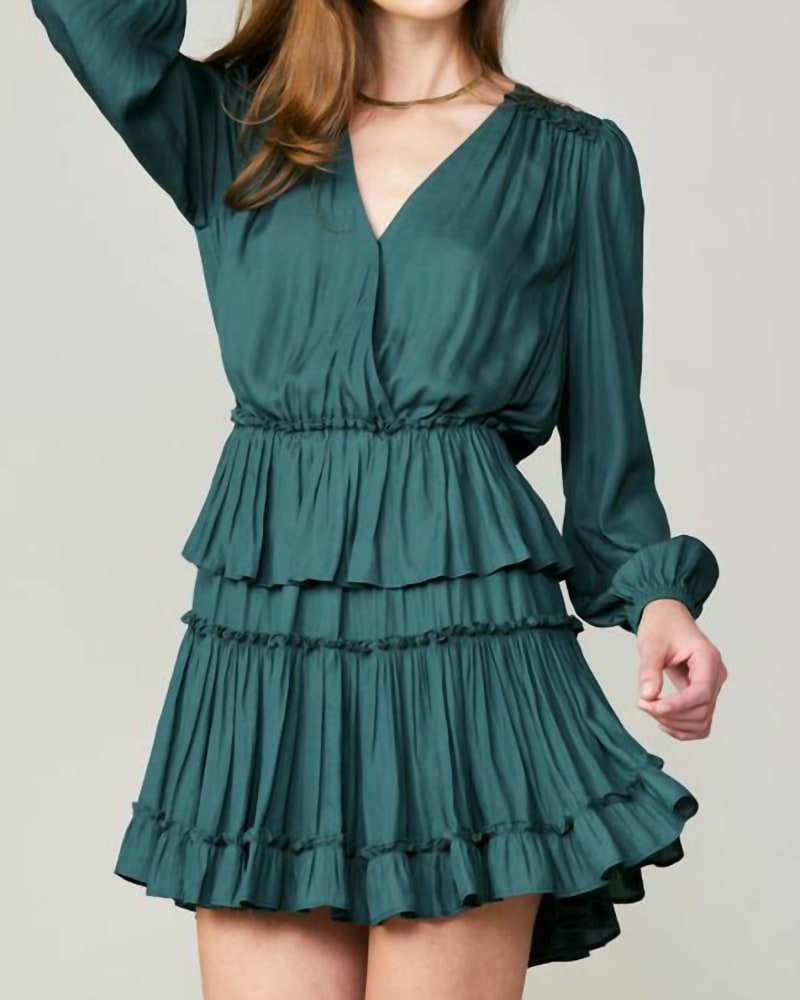 Front of a model wearing a size L Long Sleeve Tiered Mini Dress In Dark Teal in Dark Teal by current air. | dia_product_style_image_id:359157